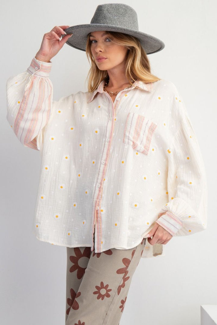 Look at You Floral Print Button Down Long Sleeve Top in Cream
