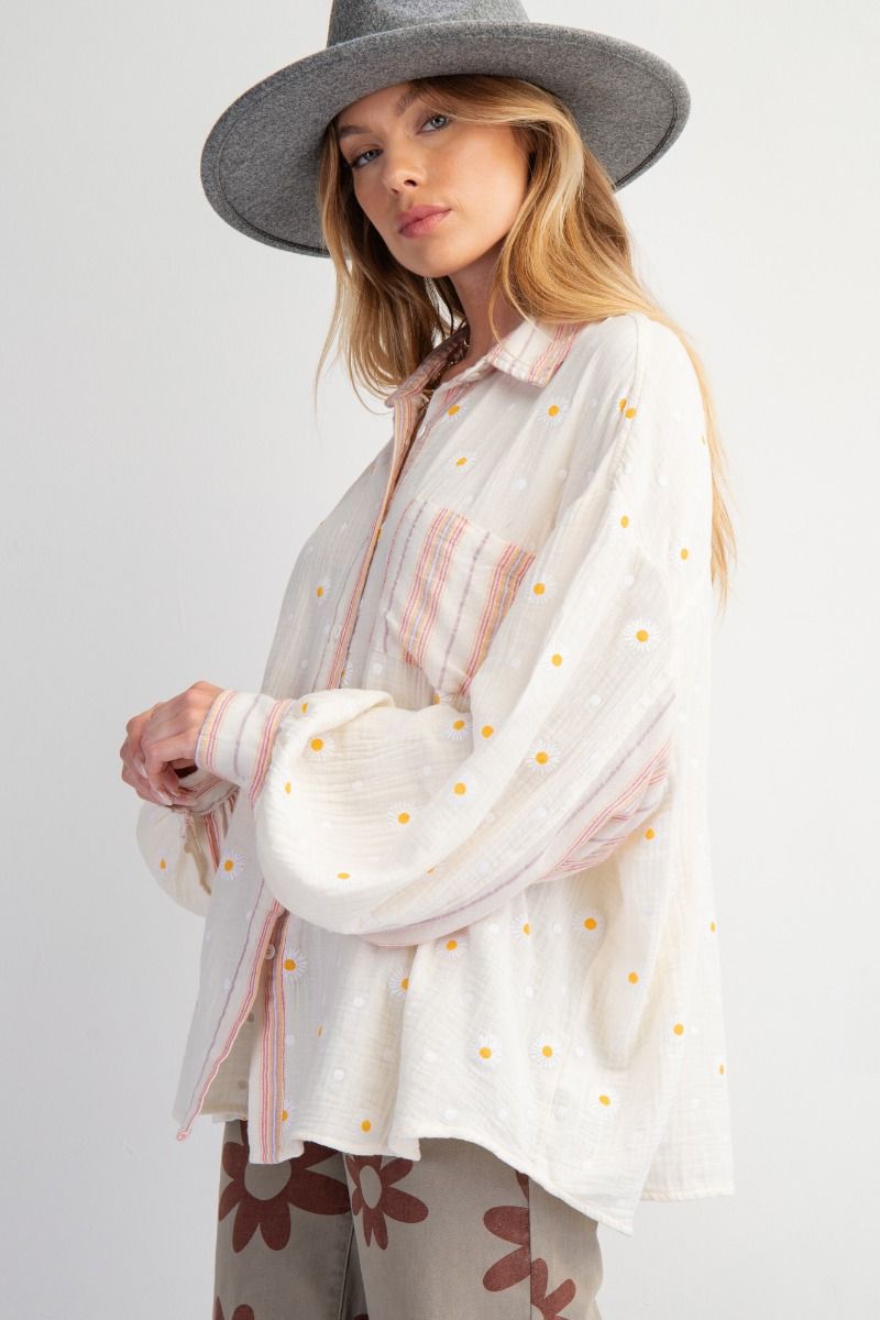 Look at You Floral Print Button Down Long Sleeve Top in Cream
