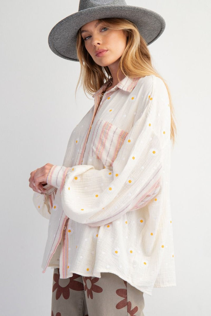 Look at You Floral Print Button Down Long Sleeve Top in Cream