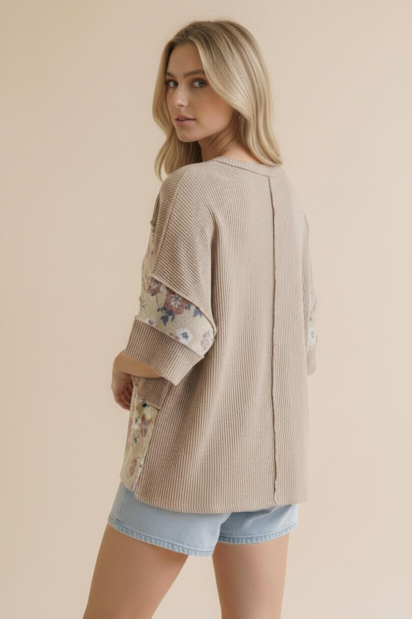 About Time Taupe Floral Short Sleeve Ribbed Top