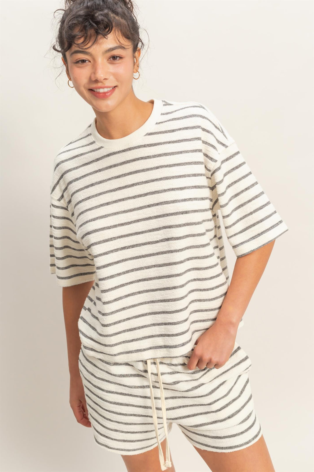 Exactly What I Need Black and White Striped Terry Set with Shorts