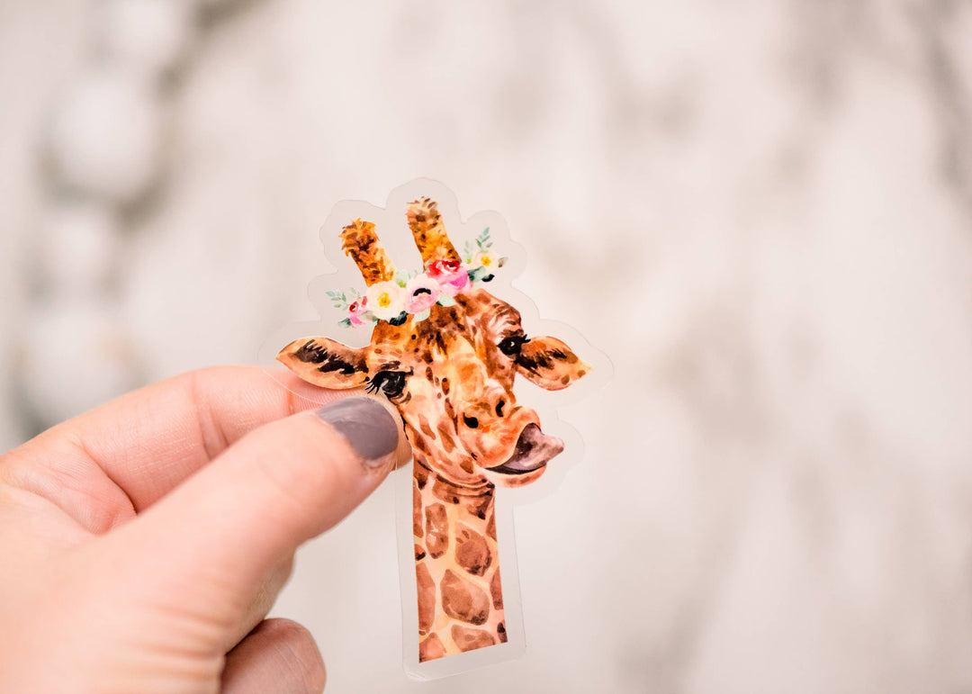 Giraffe, floral, clear, Vinyl Sticker, 3x3 inch.