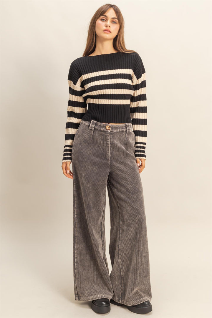 Oh So Thankful Striped Boatneck Sweater in Black and Cream