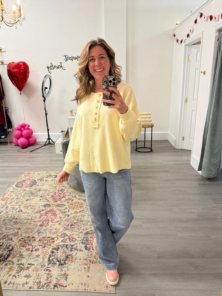 In The Details Ribbed Henley Long Sleeve Top In Butter Yellow