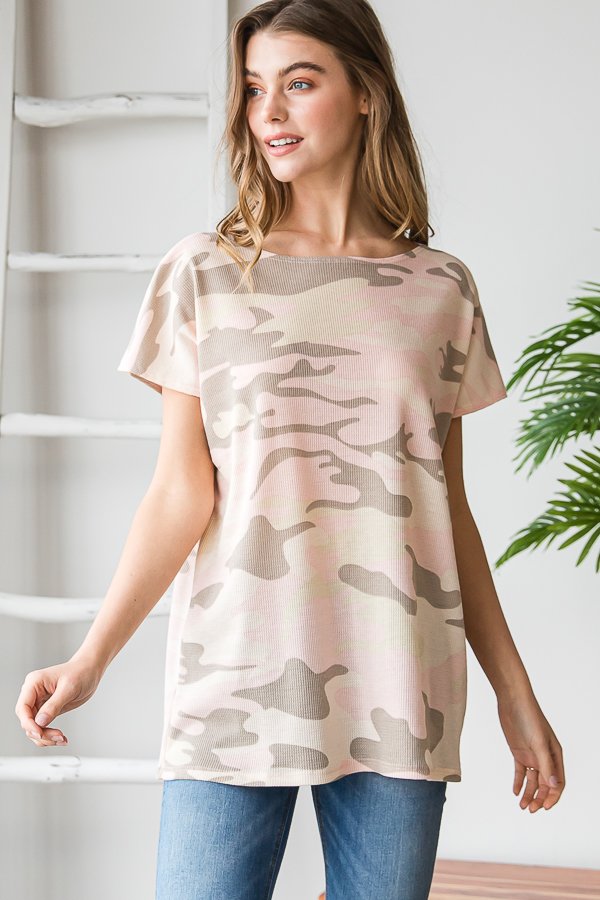 Share Your Story Pink Camo Print Short Sleeve Top