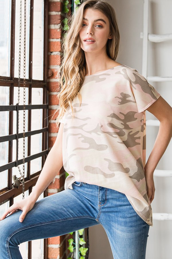Share Your Story Pink Camo Print Short Sleeve Top