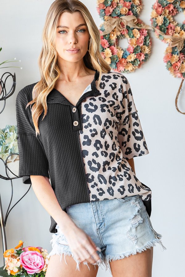 All Together Black and Leopard Print Short Sleeve Top