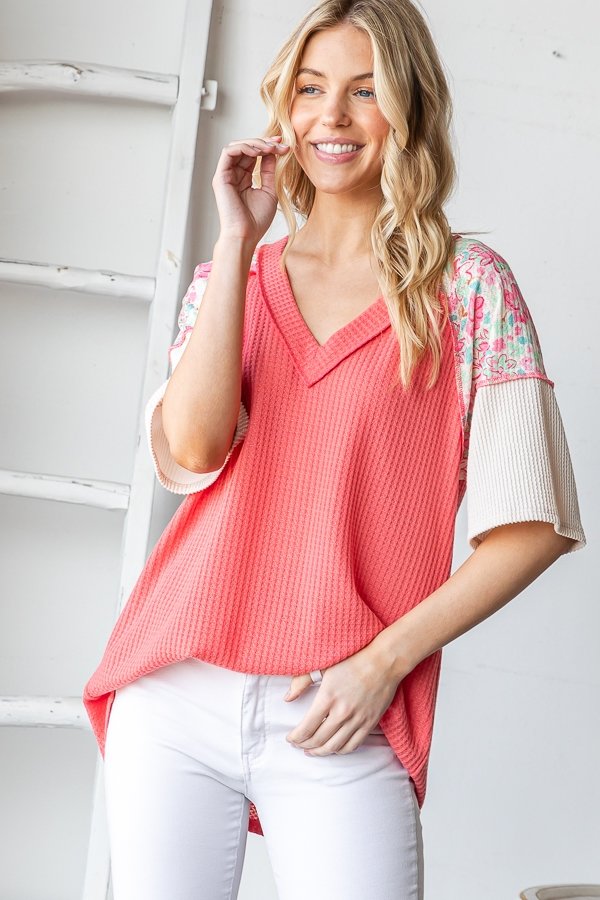 Weekend Wanderer Short Sleeve Coral Floral Waffle Knit Top