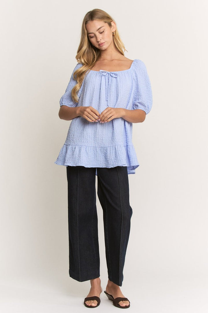 Through the Looking Glass Short Puff Sleeve Top in Light Blue