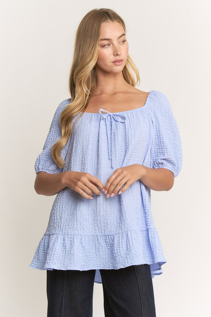 Through the Looking Glass Short Puff Sleeve Top in Light Blue