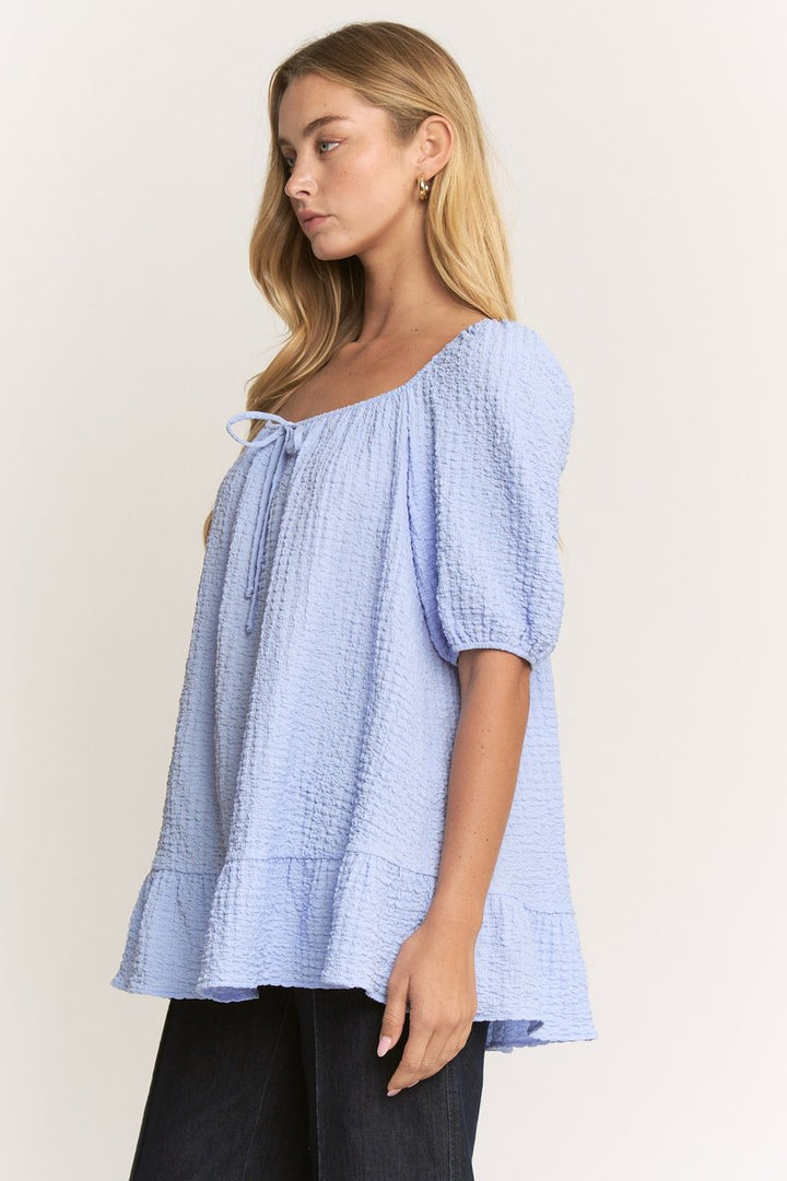 Through the Looking Glass Short Puff Sleeve Top in Light Blue