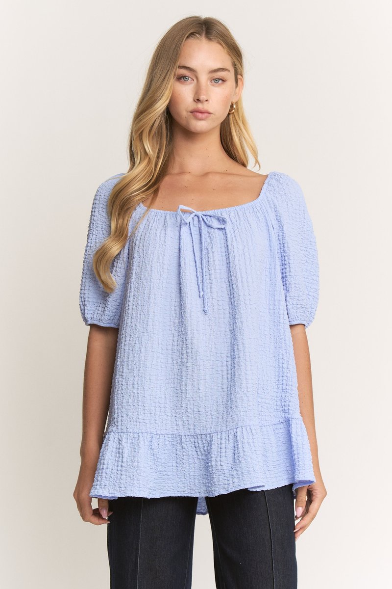 Through the Looking Glass Short Puff Sleeve Top in Light Blue
