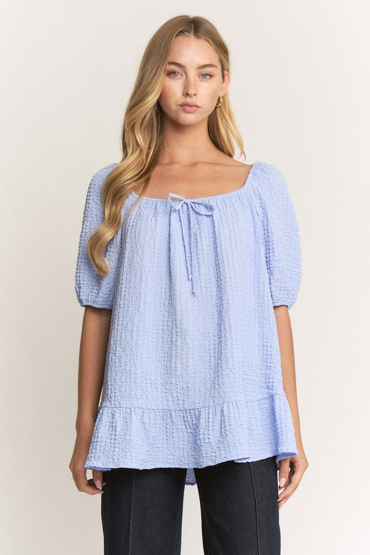 Through the Looking Glass Short Puff Sleeve Top in Light Blue