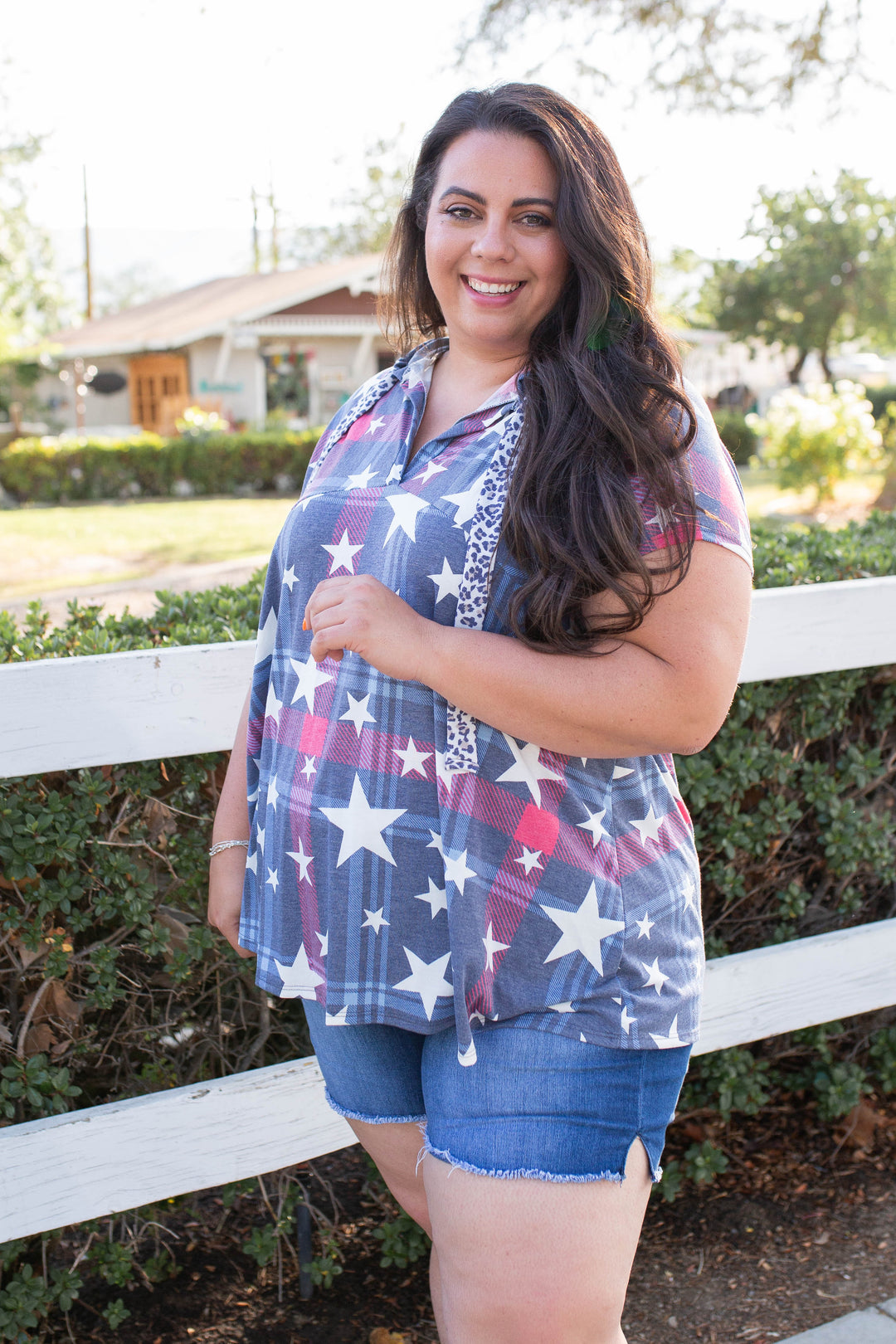 Patriotic Plaid Short Sleeve Hoodie