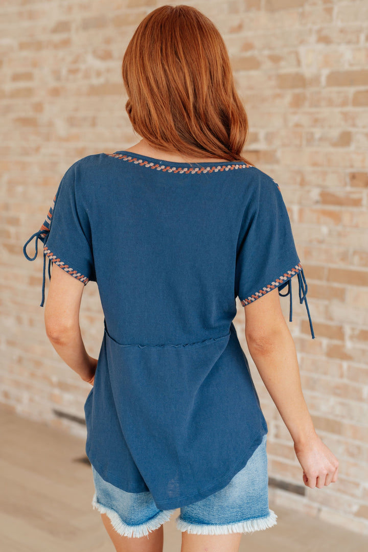 Carefree Days Embroidered V-Neck Blouse in Steel Blue