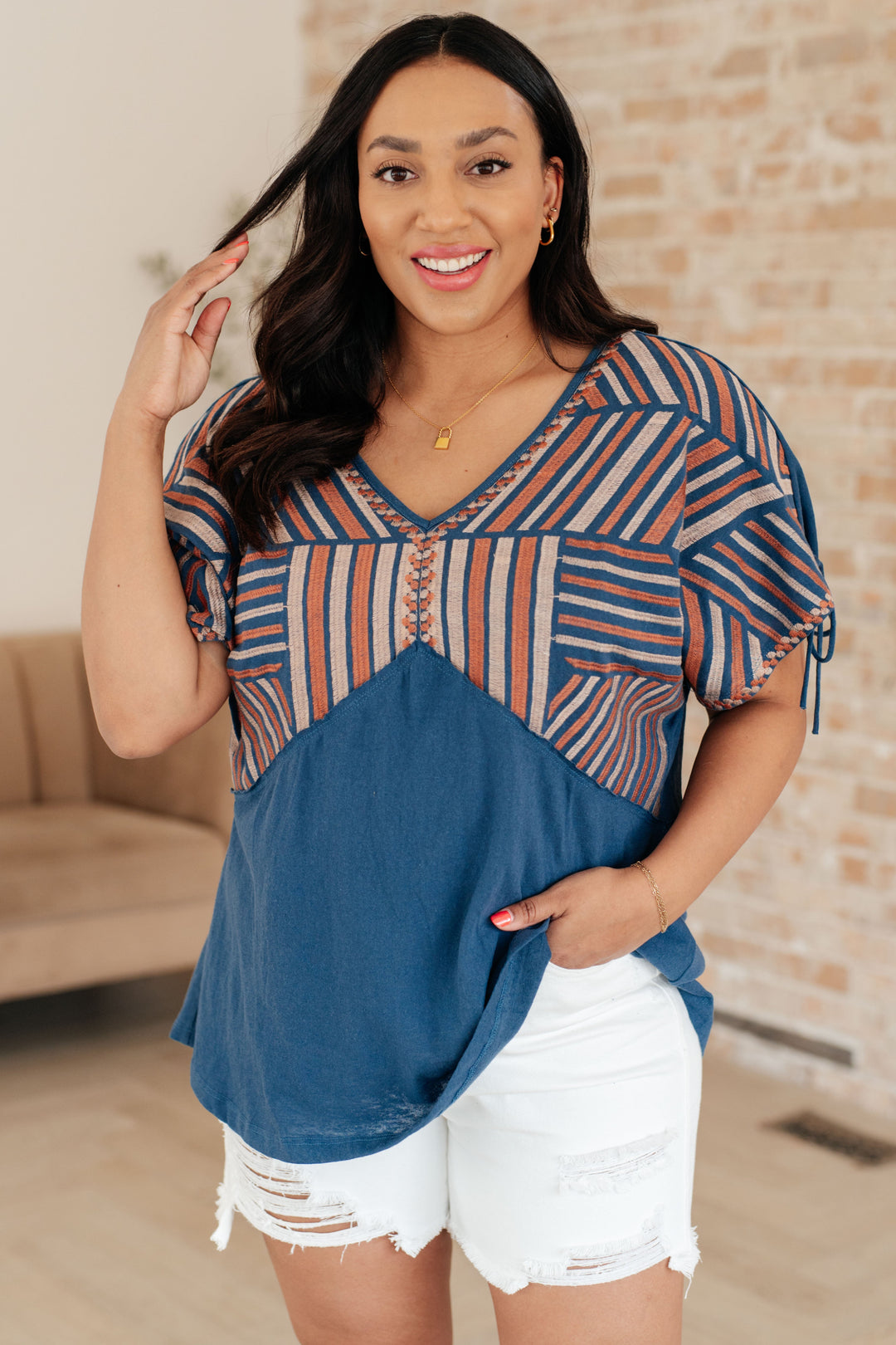 Carefree Days Embroidered V-Neck Blouse in Steel Blue