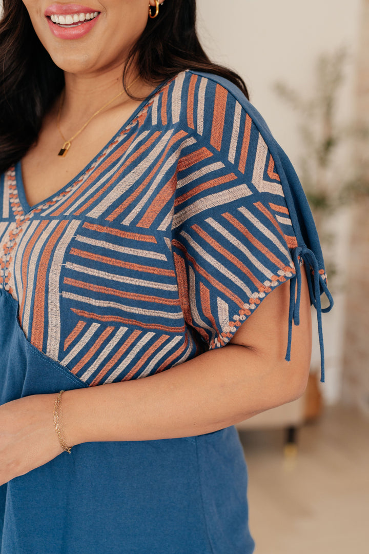 Carefree Days Embroidered V-Neck Blouse in Steel Blue