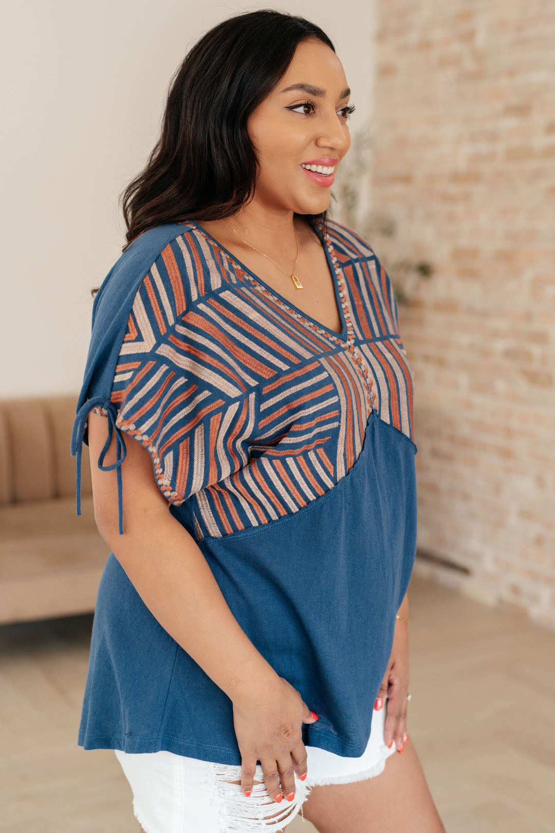 Carefree Days Embroidered V-Neck Blouse in Steel Blue