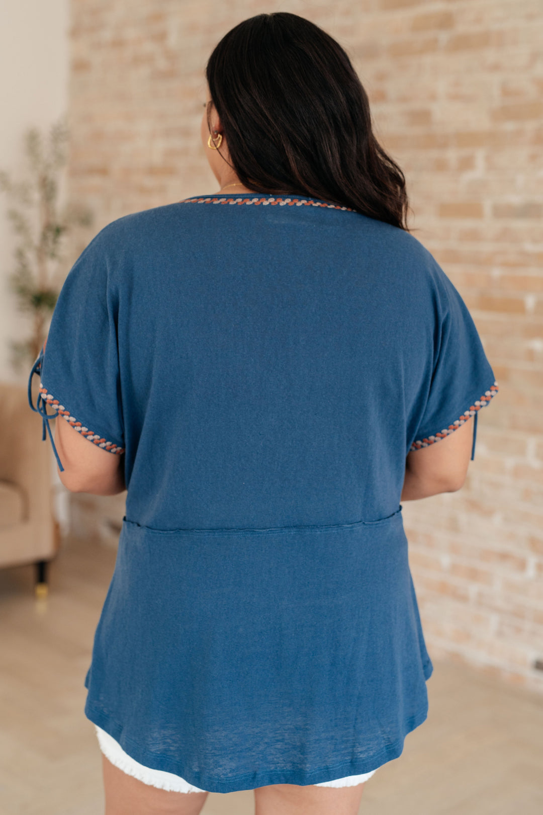 Carefree Days Embroidered V-Neck Blouse in Steel Blue