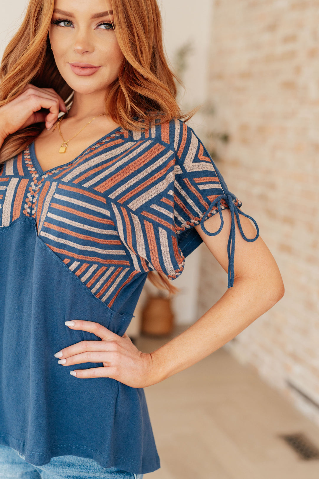 Carefree Days Embroidered V-Neck Blouse in Steel Blue