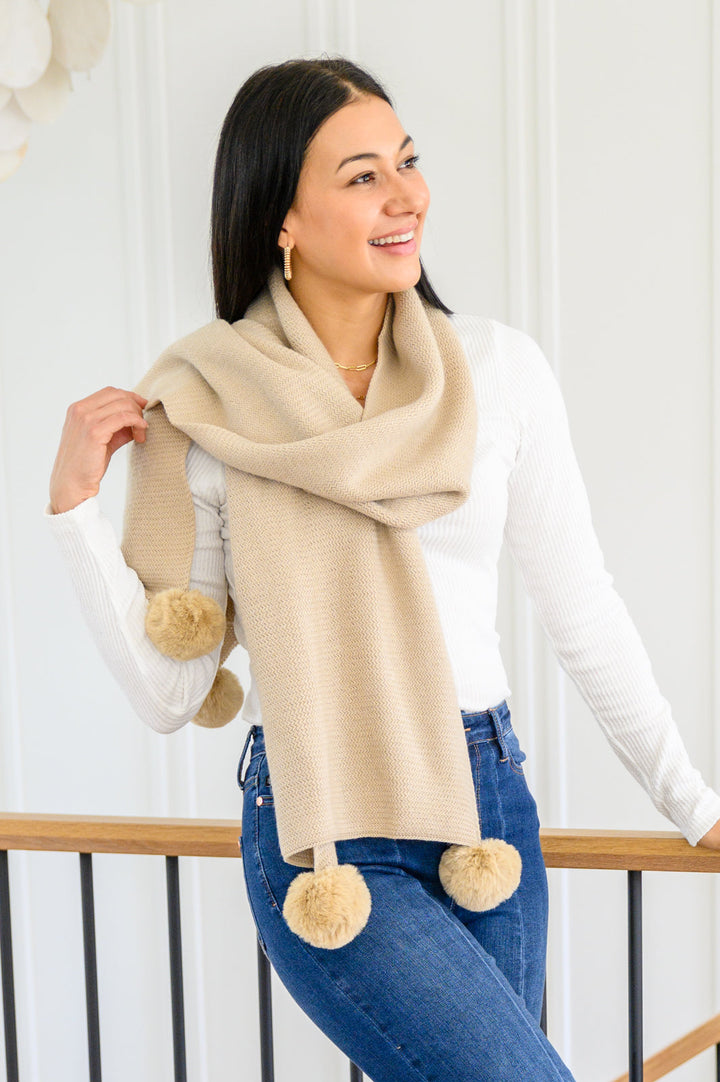 Knitted Fuzzy Pom Pom Scarf In Beige