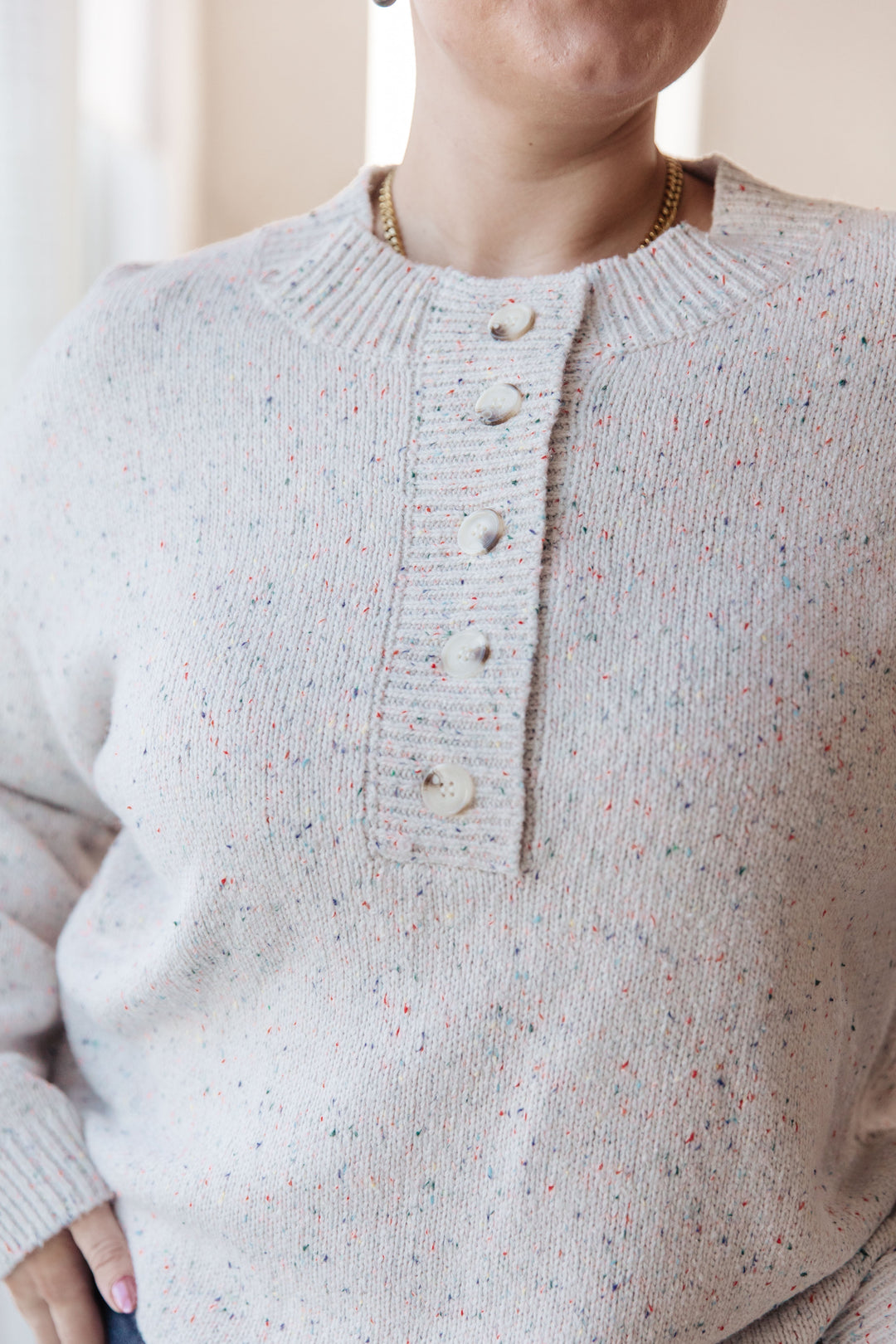 Take the Long Way Henley Confetti Sweater in Ivory