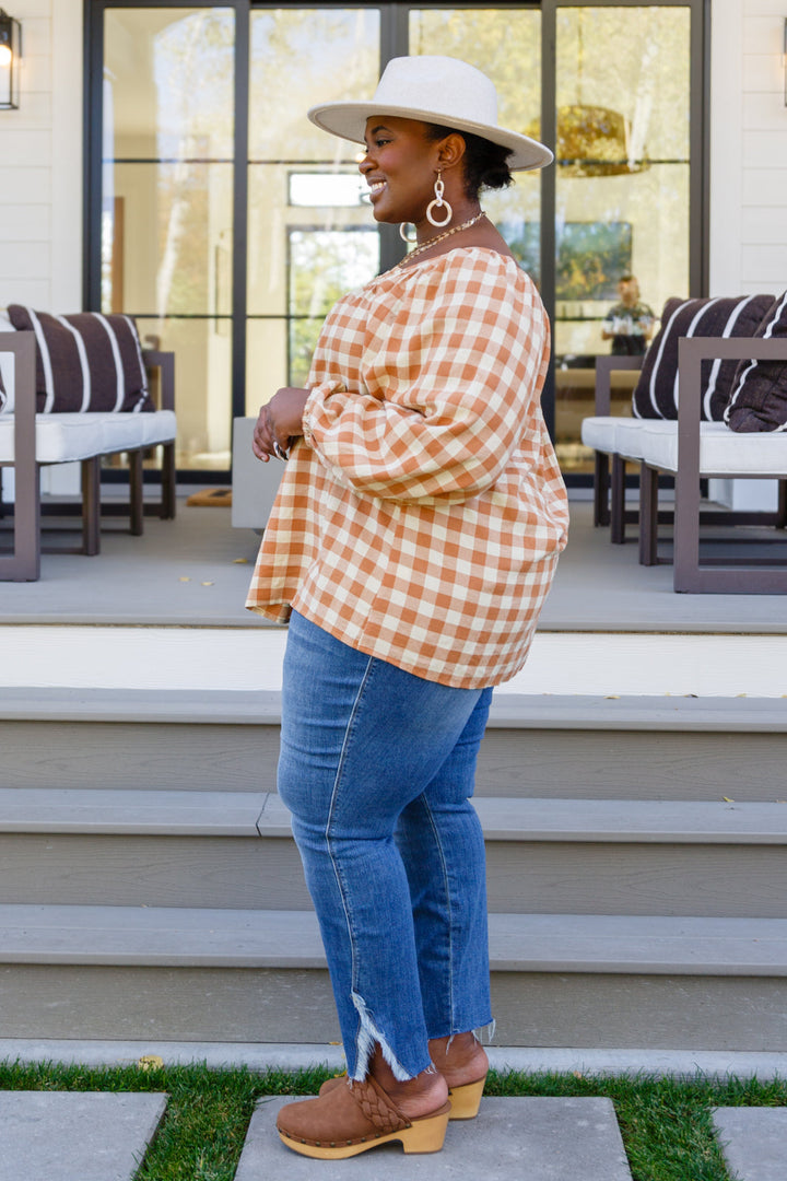 One Fine Afternoon Gingham Plaid Top In Caramel