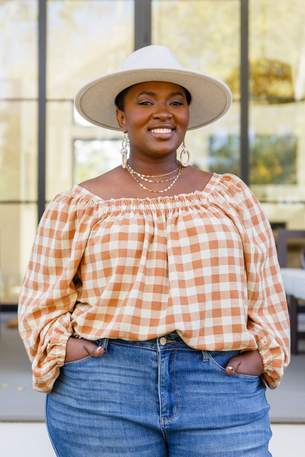 One Fine Afternoon Gingham Plaid Top In Caramel