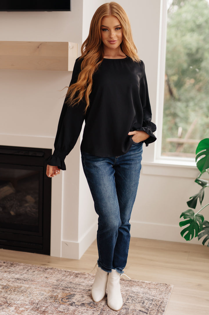 Peaceful Moments Smocked Sleeve Blouse in Black