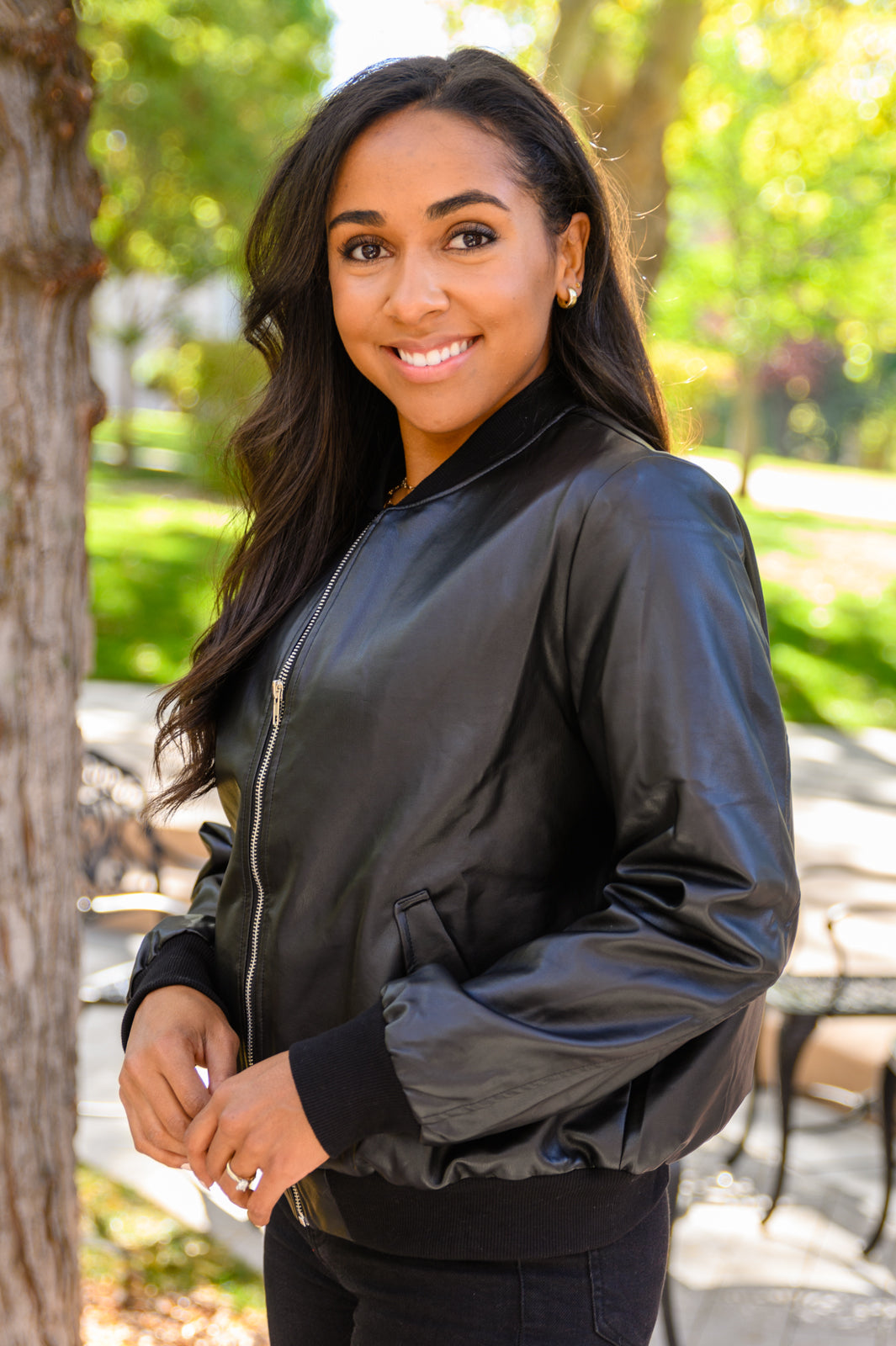 This Is It Faux Leather Bomber Jacket In Black