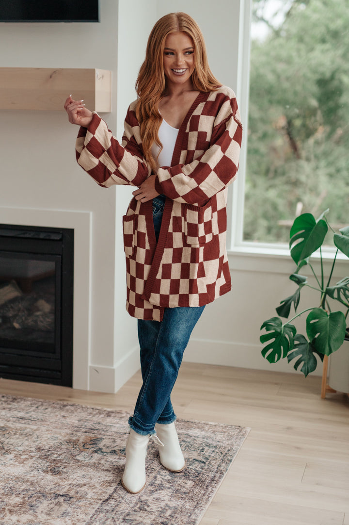 Letting You Go Checkered Cardigan in Brown/Rust