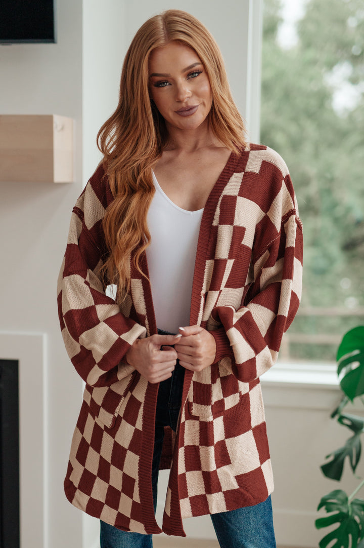 Letting You Go Checkered Cardigan in Brown/Rust