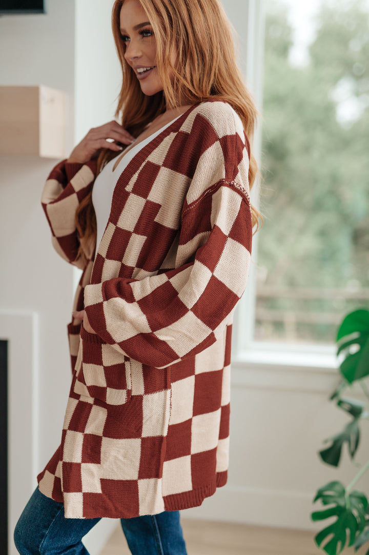 Letting You Go Checkered Cardigan in Brown/Rust