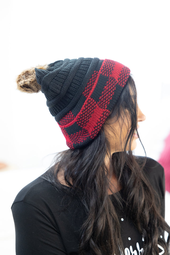 Red Plaid Pom Beanie